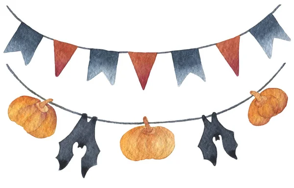 Isolated garlands Happy Halloween. Flags black and orange-red color. Pumpkins and bats garland. Hand drawn watercolour painting on white clip art graphic elements for creative design, printable decor.