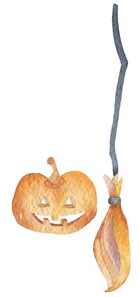 Una serie di due elementi di una zucca arancione-rossa e una scopa arancione-rossa. Buona festa di Halloween. Disegno a mano acquerello isolato clip art elementi grafici per il design creativo, arredamento stampabile . — Foto Stock