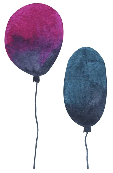 Set de dos globos ovalados gradiente fiesta de cumpleaños de color rosa e índigo. Pintura acuarela dibujada a mano sobre fondo blanco elementos gráficos de clip art para un diseño creativo y una decoración imprimible . —  Fotos de Stock