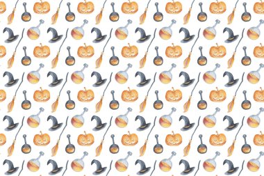 Dikişsiz desen mutlu halloween parti elemanları iksir, şapka, süpürge, kabak ile ayarlayın. El çizim suluboya izole küçük resim grafik elemanları yaratıcı tasarım, yazdırılabilir dekor için.