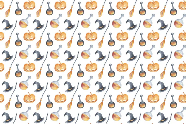 Seamless pattern happy halloween party elements set with potion, hat, broom, pumpkin. Hand drawing watercolor isolated clip art graphic elements for creative design, printable decor.