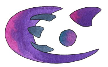 Soyut uzay gemisi pembe, mor ve çivit rengi. Yaratıcı tasarım ve yazdırılabilir dekor için beyaz arka plan klip resim grafik elemanları el çizilmiş suluboya boyama, tasarım için, düzenleri, logo.