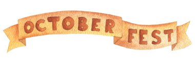 Oktoberfest kahverengi renk kurdele için yatay afiş. Yaratıcı tasarım ve yazdırılabilir dekor için beyaz arka plan klip resim grafik elemanları üzerine el çizilmiş suluboya boyama.