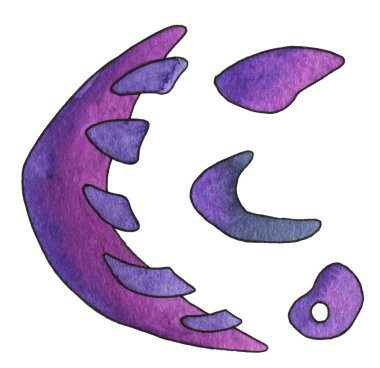 Soyut uzay gemisi pembe, mor ve çivit rengi ayarlayın. Yaratıcı tasarım ve yazdırılabilir dekor için beyaz arka plan klip resim grafik elemanları el çizilmiş suluboya boyama, tasarım için, düzenleri, logo.