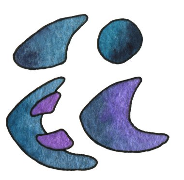 Soyut uzay öğesi mor ve çivit rengi ayarlayın. Yaratıcı tasarım ve yazdırılabilir dekor için beyaz arka plan klip resim grafik elemanları el çizilmiş suluboya boyama, tasarım için, düzenleri, logo.