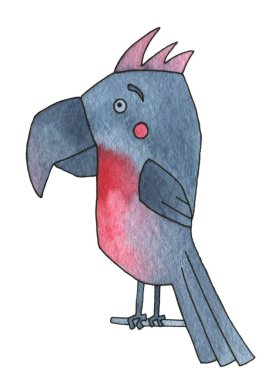 Soyut stilize kuş papağan çivit ve kırmızı renk. Yaratıcı tasarım ve yazdırılabilir dekor için beyaz arka plan klip resim grafik elemanları üzerine el çizilmiş suluboya boyama, tasarım için.