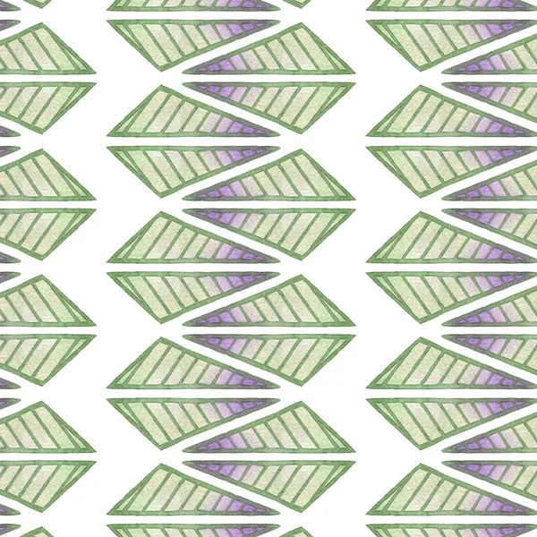Abstraktes Dreieck grüne Kontur mit grünem und violettem Verlauf. nahtloses Muster. handgezeichnete Aquarellmalerei auf weißem Hintergrund Clip Art grafische Elemente für kreatives Design und druckbares Dekor. — Stockfoto