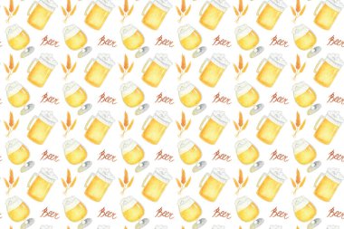 Oktoberfest için bira, spikelet, cam ile dikişsiz desen. Yaratıcı tasarım ve yazdırılabilir dekor için beyaz arka plan klip resim grafik elemanları üzerine el çizilmiş suluboya boyama.