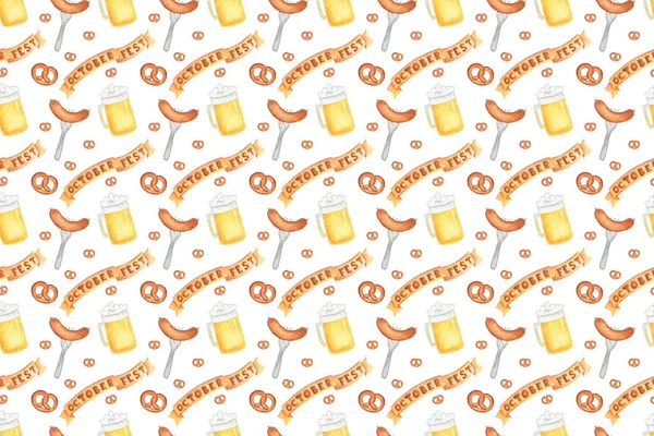 Seamless pattern with beer, glass, sausage, pretzel, banner for oktoberfest. Hand drawn watercolour painting on white background clip art graphic elements for creative design and printable decor.