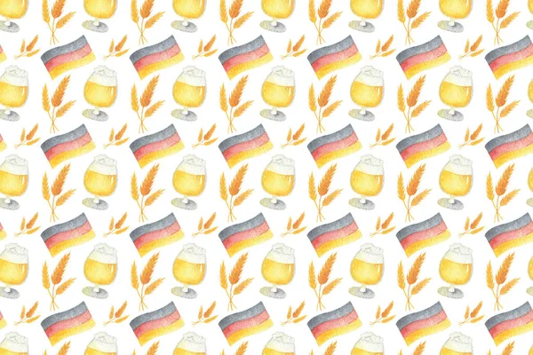 Nahtloses Muster mit Bier, Fahne, Stachel, Glas für Oktoberfest. handgezeichnete Aquarellmalerei auf weißem Hintergrund Clip Art Grafiken für kreatives Design und druckbares Dekor. — Stockfoto