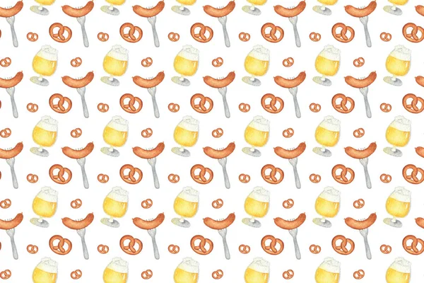 Seamless pattern with beer, pretzel, sausage, glass for oktoberfest. Hand drawn watercolour painting on white background clip art graphic elements for creative design and printable decor.