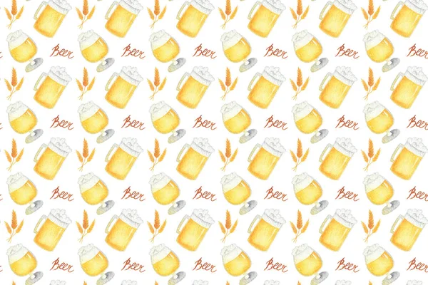 Seamless pattern with beer, spikelet, glass for oktoberfest. Hand drawn watercolour painting on white background clip art graphic elements for creative design and printable decor.