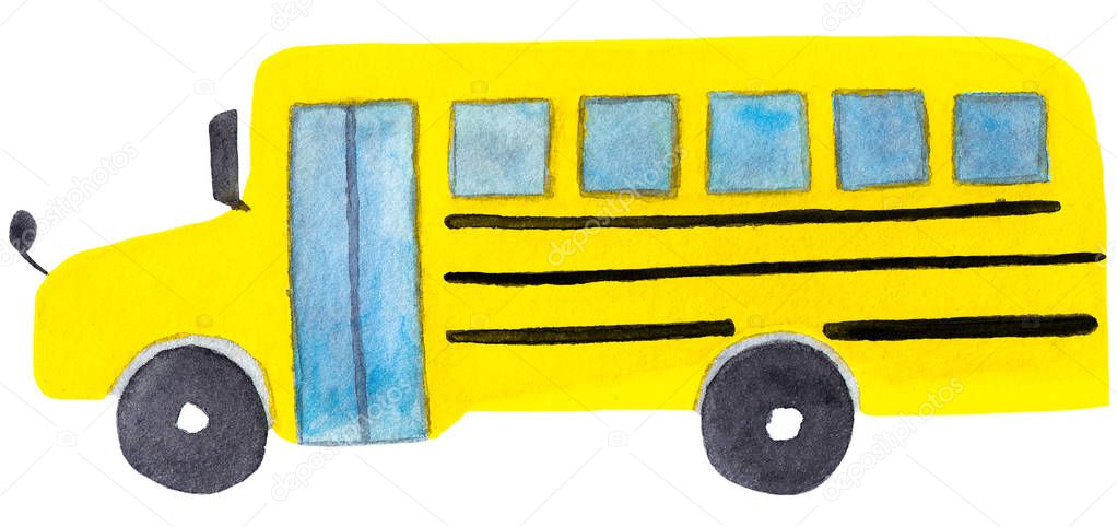 Watercolor illustration of the yellow classic school bus isolated on white background