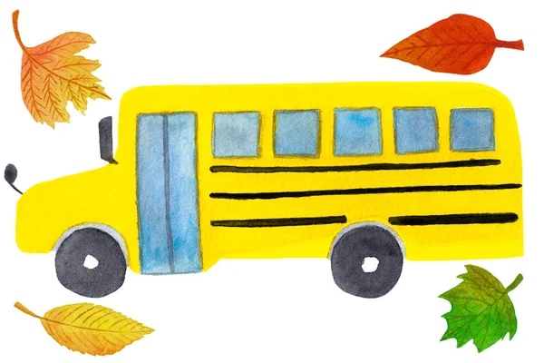 흰색 배경에 고립 된 노란색 학교 버스와 단풍의 수채화 그림 — 스톡 사진