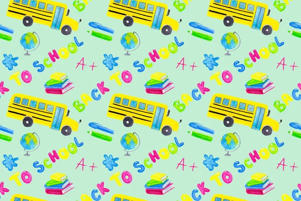 Back to school watercolor seamless pattern on blue background