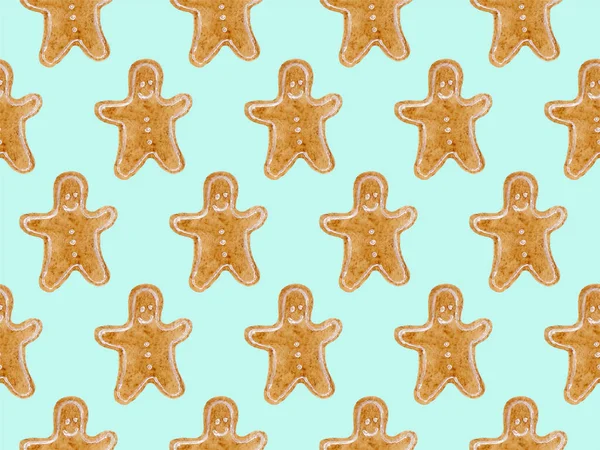 Seamless watercolor pattern with brown christmas gingerbread men — Stock Photo, Image