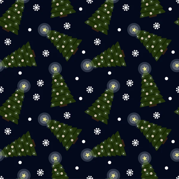 Modello senza soluzione di continuità vettoriale con alberi di Natale derivestiti e fiocchi di neve — Vettoriale Stock