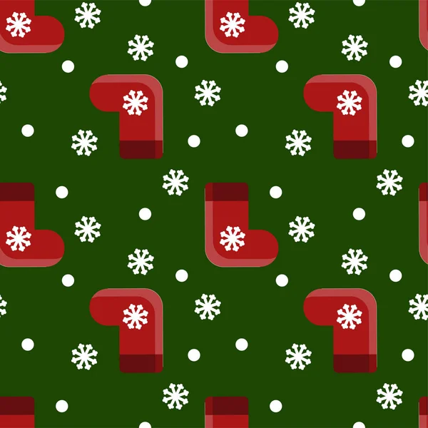 Vektor nahtloses Muster mit roten Weihnachtsgeschenksocken und Schneeläusen auf grünem Hintergrund — Stockvektor