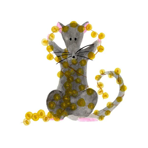 Illustrazione ad acquerello di ratto di Natale che tiene luci ghirlanda luminose — Foto Stock