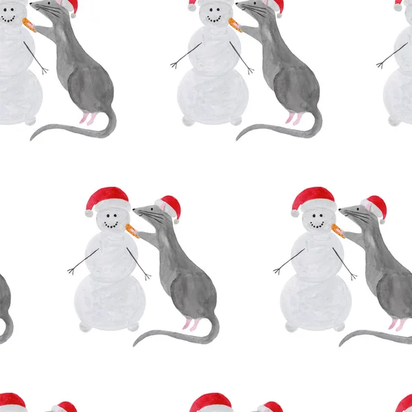 Nahtlose Muster mit Weihnachten Ratte bauen Schneemann — Stockfoto