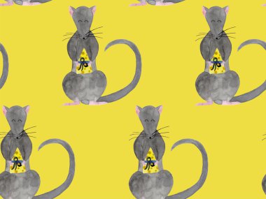 Mavi kurdeleile peynir parçası tutan Noel sıçan ile Dikişsiz suluboya deseni