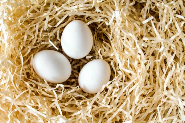 Three white chicken eggs lying in the straw nest