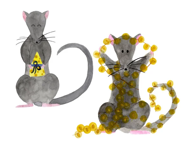 Watercolor set of Christmas rats — Stock Photo, Image