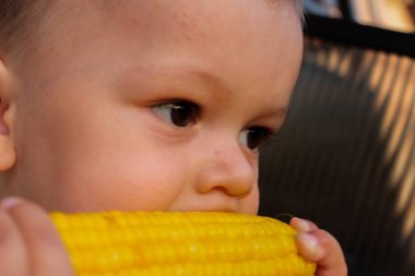 Küçük çocuk koçan üzerinde tereyağlı mısır yeme