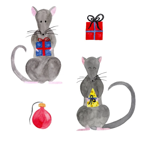 Aquarell-Set von Weihnachtsratten — Stockfoto