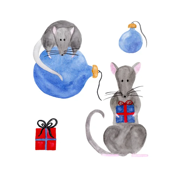 Aquarell-Set von Weihnachtsratten — Stockfoto