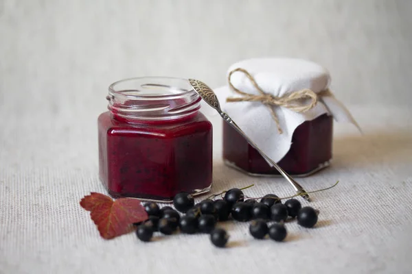 Marmellata di ribes nero in barattoli di vetro — Foto Stock