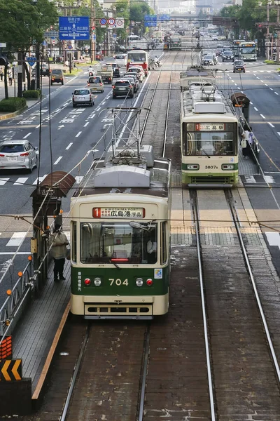 August 2020 Hiroshima Japan Hiroshima Streetcars Hiroden Run Pass Hondori — Stock Photo, Image