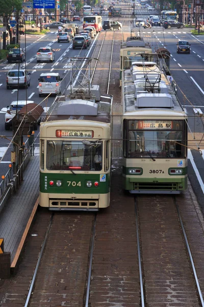 Agosto 2020 Hiroshima Japón Hiroshima Streetcars Hiroden Run Pass Hondori — Foto de Stock