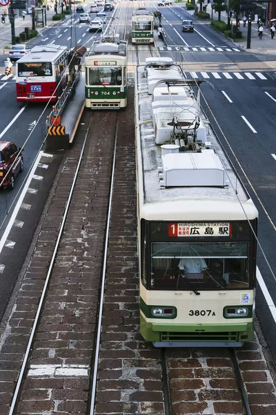 Agosto 2020 Hiroshima Japón Hiroshima Streetcars Hiroden Run Pass Hondori — Foto de Stock