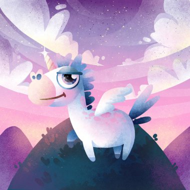 Sihirli kanatları ile sevimli tek boynuzlu at