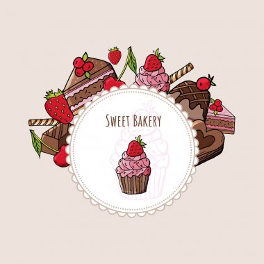 Dantel arka planda çilek ile Doodle cupcake.