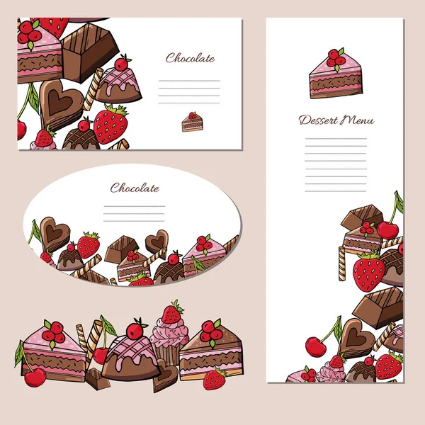 Conjunto de carteles con deliciosos postres de chocolate y bayas . — Archivo Imágenes Vectoriales