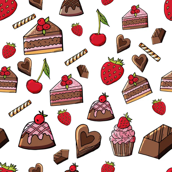 Kézzel rajzolt csokis sütemény bogyókkal varrat nélküli mintával — Stock Vector
