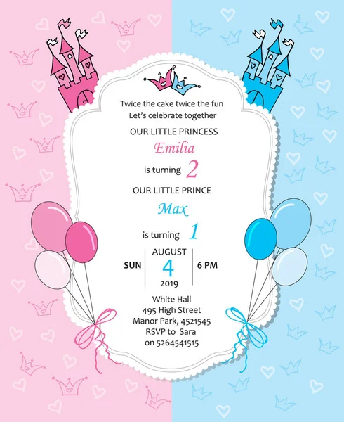 Baby girl and baby boy royal birthday invitation with balloons. — Stock Vector