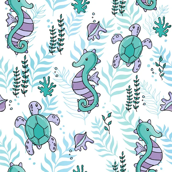 Pastel kleur jungle naadloze zee patroon met seahorse en tartle en schelpen. — Stockvector