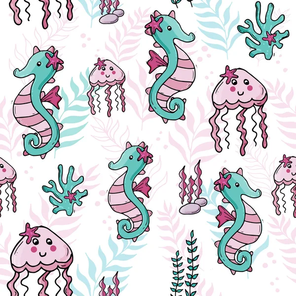 Pastel kleur jungle naadloze zee patroon met seahorse, kwallen. — Stockvector