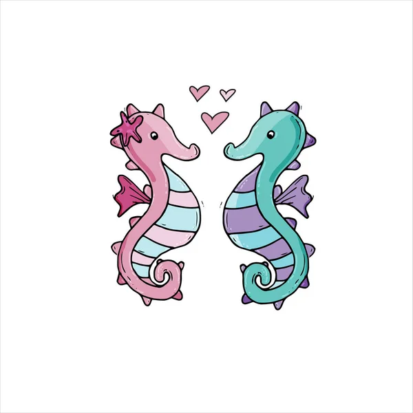 Schattig cartoon seahorse paar. Mannelijke en vrouwelijke zeepaardjes met hartjes. — Stockvector