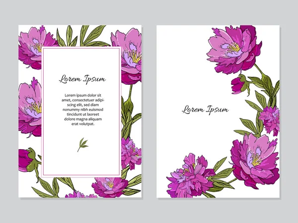 Conjunto de cartas con flores de peonía. concepto de ornamento de boda . — Vector de stock