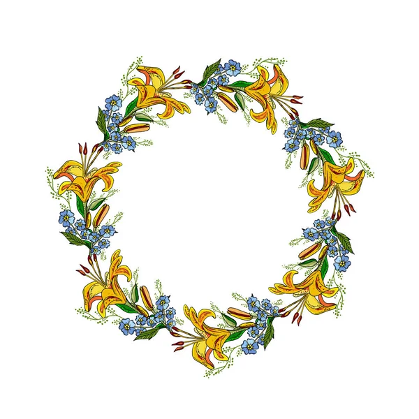 Grinalda floral verão com flores de lírio. Círculo quadro com flores no fundo branco . —  Vetores de Stock