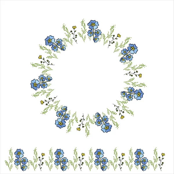 Sommar blommig krans vildblommor. Cirkel ram med blommor på vit bakgrund. — Stock vektor