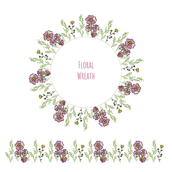 Summer floral wreath wildflowers. Circle frame with flowers on white background.
