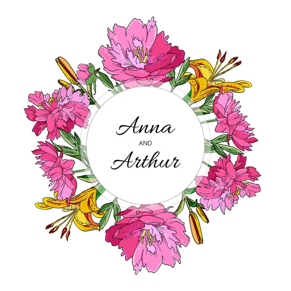 Florale Karte mit Fuchsia-Pfingstrosen und gelben Lilien. Handgezeichnete Doodle Hochzeitseinladung mit Blumen. — Stockvektor