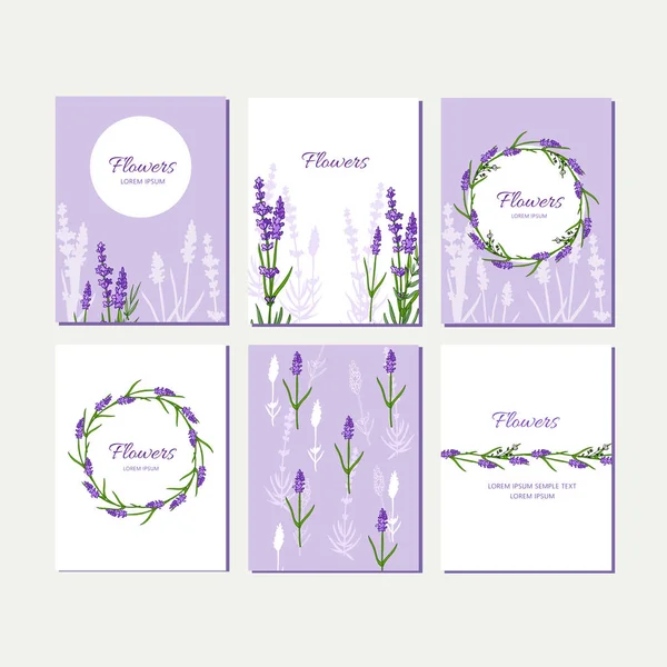 Beyaz ve leylak arka plan üzerine lavanta çiçekleri ve çelenk ile ayarlanmış doodle kartları.