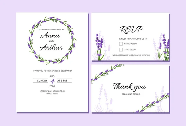 Set of Lavender Wedding invitations set. Doodle illustrations. — Stock Vector