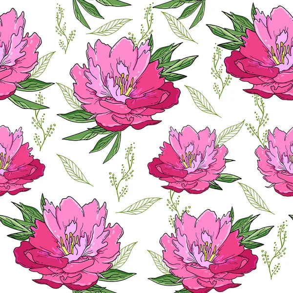 Motif sans couture avec des fleurs et des feuilles de pivoine rose . — Image vectorielle